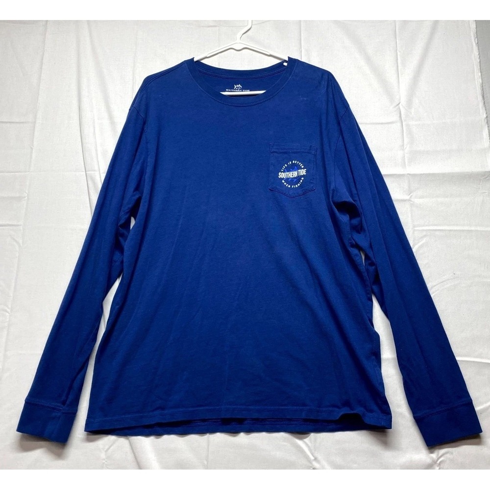 Southern Tide Pocket Shirt Mens Large Blue Cotton Graphic Round Neck Long Sleeve